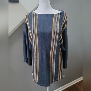 Lauren Ralph Lauren Blue Knit Striped Sweater Size Large Linen/Cotton Blend
